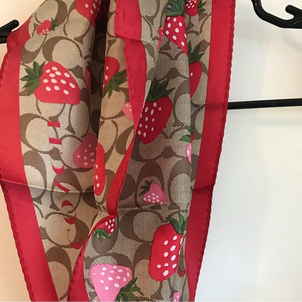 Coach Strawberry Print Silk Scarf in Red, Pink, Tan - Picture 8 of 8